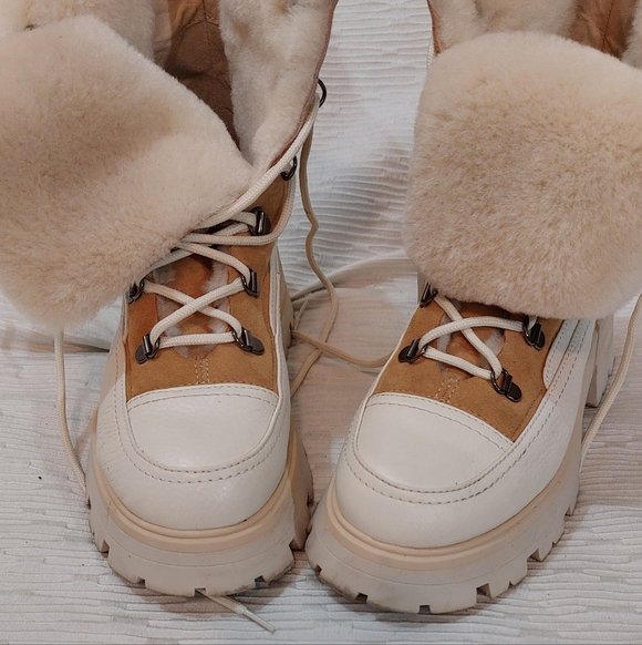 Beautiisoles Lace Up Platform Tan & Cream Fur Lined  Boots Size 9 - Picture 7 of 13